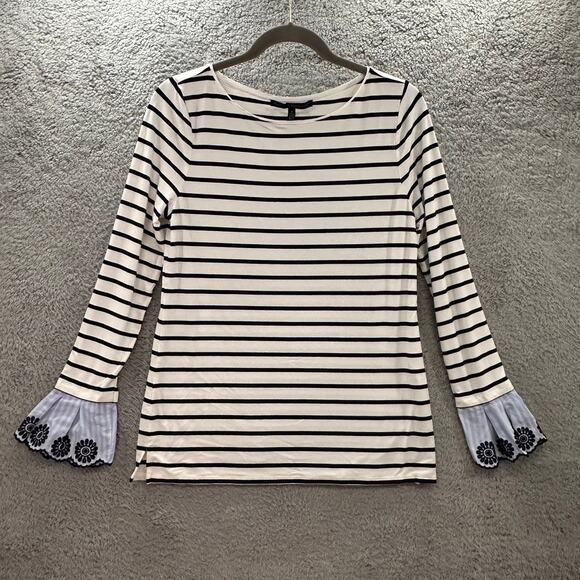 White House Black Market Tops - White House Black Market Small Black White Shirt Blue Embroidered Cuffs Eyelits